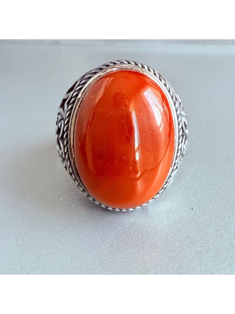 Red Carnelian Agate 14 CT Chalcedony Sterling Silver Ornate Filigree Scroll Ring